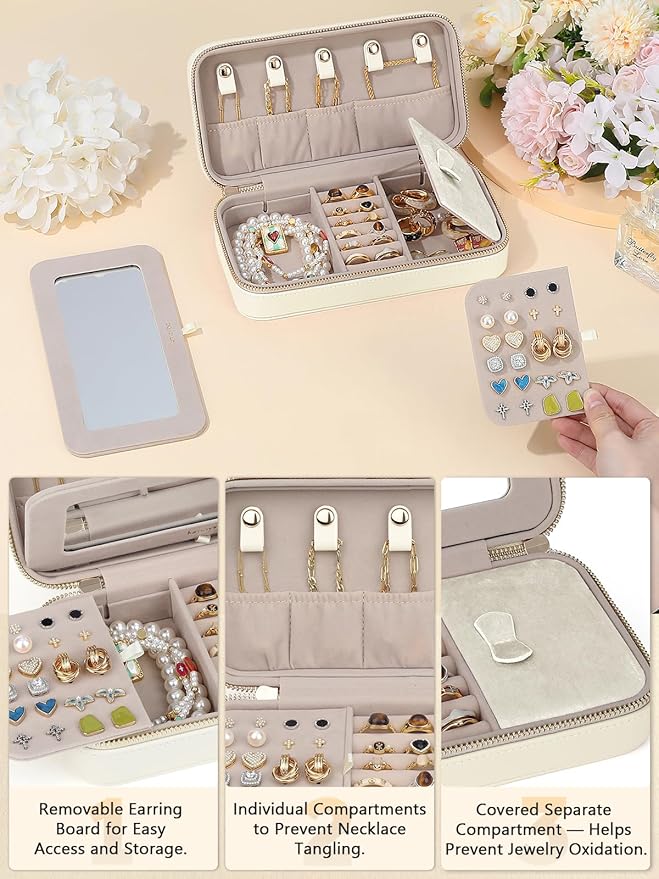 Travel Jewelry Case with Mirror, Quilted Small Jewelry Box Organizer for Women Girls, Portable Earring Necklace Bracelet Ring Holder Storage for Travel, Gifts for Her (Beige)