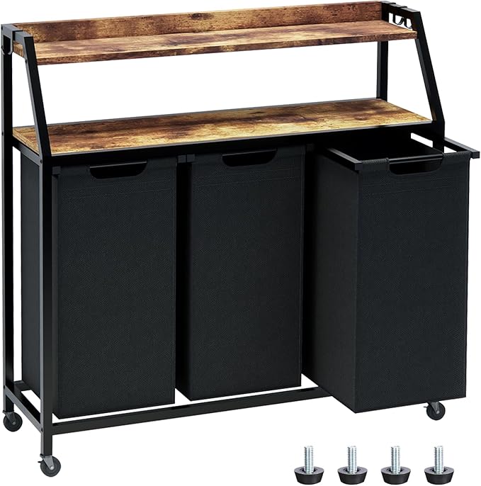 Laundry Hamper, Laundry Sorter 3 Section, Rolling Laundry Basket with Wheels, 2 Shelves, 3 × 14.5 Gal, Pull-Out and Removable Oxford Fabric Bags, for Laundry Room, Black and Rustic Brown