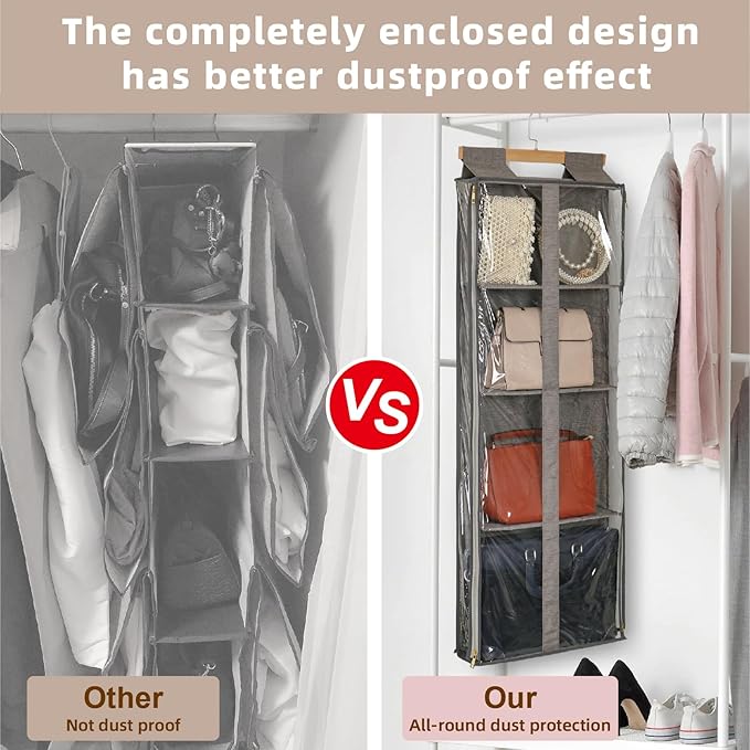Clear Hanging Handbag Storage Organizer with Zippers, Door Purse Organizer Space Saving 4 Pockets for Closet Bedroom Living Room (Brown)