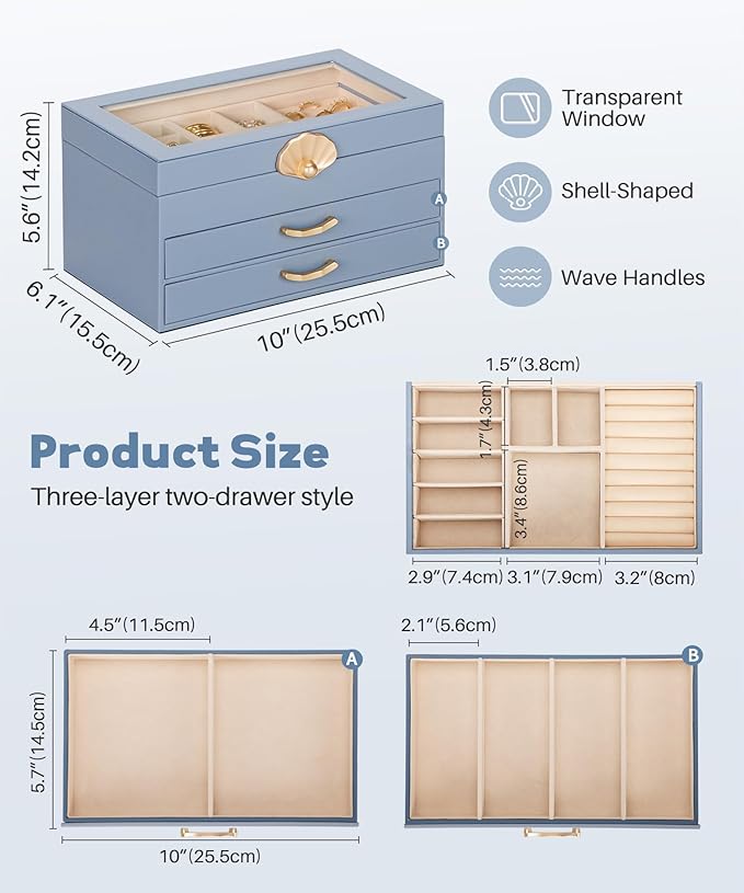 Jewelry Box with 2 Drawers: Jewelry Display Organizer for Earrings Necklaces - Gifts for Girls Women (Grey Blue)