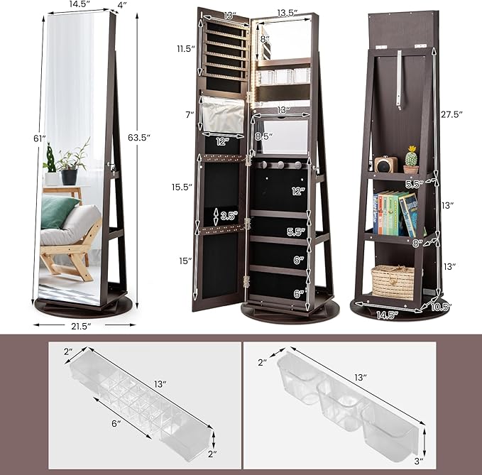 Mirror Jewelry Cabinet Standing with Full Length Mirror, 360° Swivel Jewelry Armoire with 3-Color LED Lights & Foldable Makeup Shelf, Lockable Organizer for Women, Space-Saving (Espresso)
