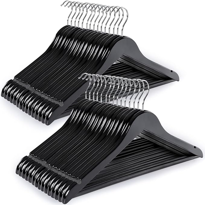 TOPIA HANGER Wooden Coat Hangers 30 Pack, Black Wood Suit Hangers with Non Slip Pants Bar, 360° Swivel Hook and Shoulder Notches for Camisole, Jacket, Pants, Smooth Finish Clothes Hangers -CT34B30
