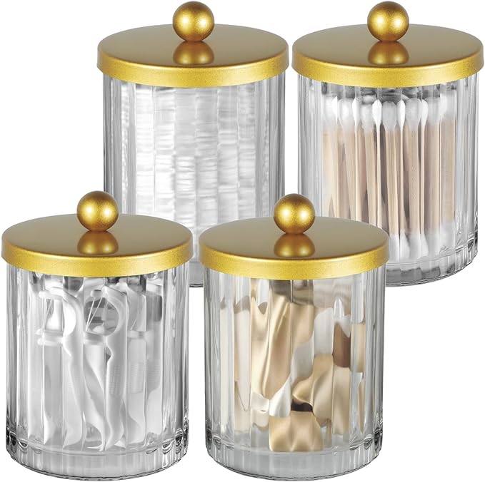 Amolliar Qtip Holder Dispenser for Bathroom, Clear Glass Canister Apothecary Jar for Cotton Swabs, Cotton Balls, Makeup Pads, Floss Picks, Container for Countertop Vanity Storage Organizer,Gold 4 Pack
