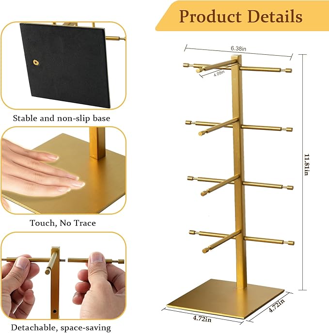 4-Tier Sunglasses Organizer, Sunglass Display Stand, Titanium Brushed Eyeglass Holder Stand, Gold Sunglasses Rack for Homes, Offices, Boutique Shops（PATENT PENDING