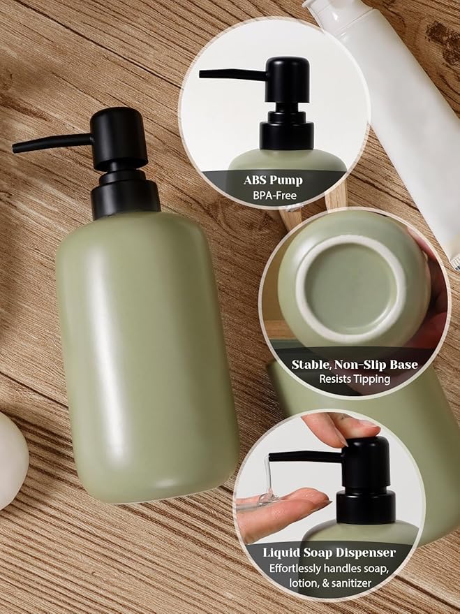 INGOFIN 3 Pcs Ceramic Bathroom Accessory Set - Liquid Soap Dispenser, Toothbrush Holder & Tray, Bathroom Counter Set, Countertop Essentials for Home, Guest Bathroom, Office, Hotel, Dark Green