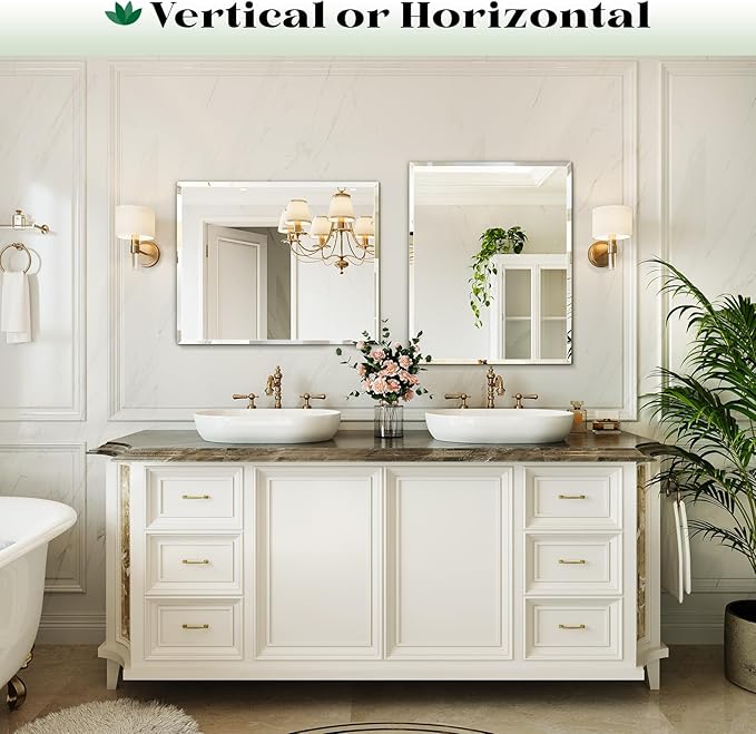 Beveled Bathroom Mirror, 24"x30" Frameless Mirror, Bathroom Vanity Wall Mirrors for Over Sink, Bedroom, Living Room Hangs Horizontally or Vertically