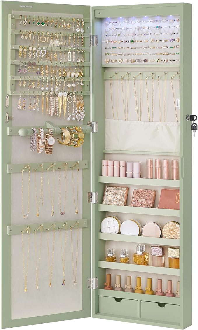 SONGMICS 6 LEDs Mirror Jewelry Cabinet, 47.2-Inch Tall Lockable Wall or Door Mounted Jewelry Armoire Organizer with Mirror, 2 Drawers, 3.9 x 14.6 x 47.2 Inches, Laurel Green UJJC093C01