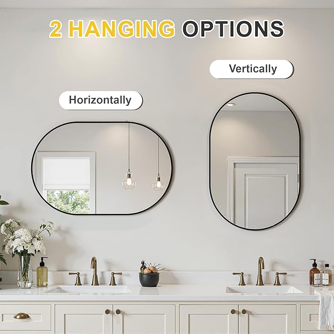 Oval Bathroom Mirror for Wall, 20"x30" Bathroom Vanity Mirror for Over Sink, Bedroom, Living Room, Entryway, Metal Frame with HD Shatterproof Glass, Wall Mounted Horizontally or Vertically (Black)