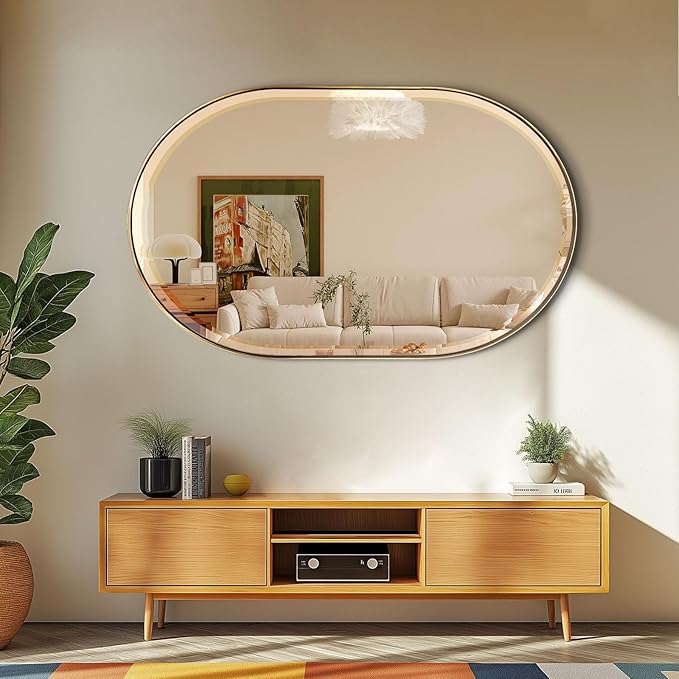 POZINO Gold Oval Mirror, Brass Beveled Mirror with Stainless Steel Frame, 28"x48" Large Rounded Rectangle Mirrors for Over Sink, Modern Oblong Vanity Wall Mirrors for Bathroom Bedroom Living Room