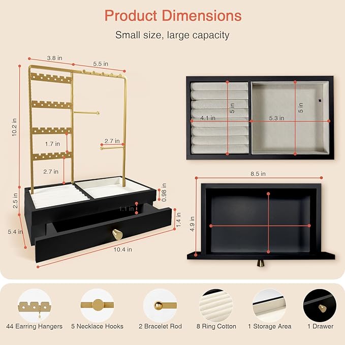 Black and Gold Jewelry Organizer Stand Necklace Holder, Decorative Jewelry Tower Stand for Earrings Rings Bracelets, Necklace Display Hanger Tree for Women Dresser Top (Black and Gold)