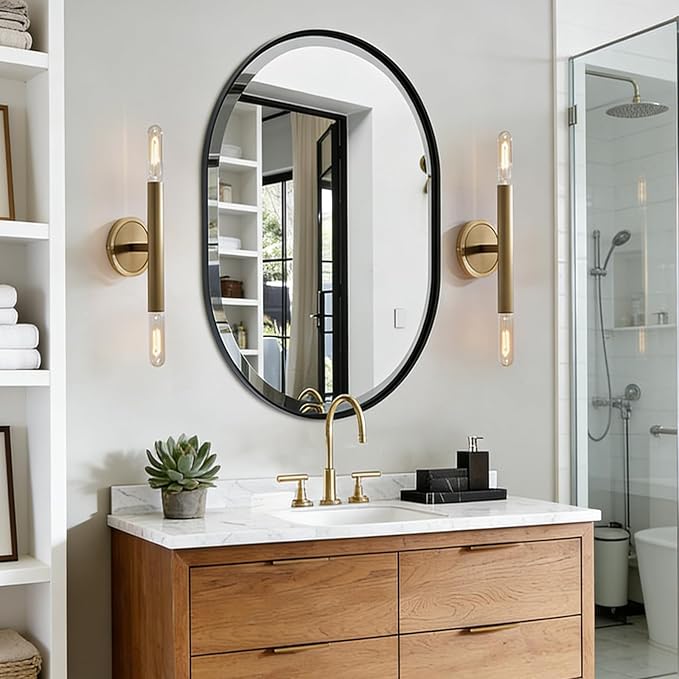 POZINO Oval Beveled Mirror, 24"x36" Bathroom Mirror for Over Sink, Rounded Rectangle Mirrors, Modern Oblong Vanity Wall Mirrors in Premium Stainless Steel Frame Hangs Horizontal Or Vertical
