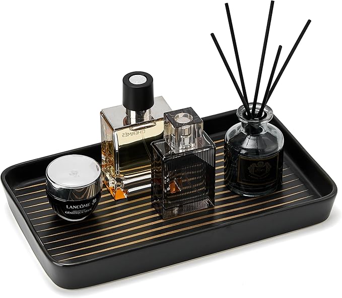 10"×6"×1" Black Bathroom Vanity Tray for Countertop- Ceramic Decorative Organizer Tray for Dresser Tops, Toilet, Perfume, Sponge Holder Soap Dish Dispenser for Kitchen Counter- Golden Stripes