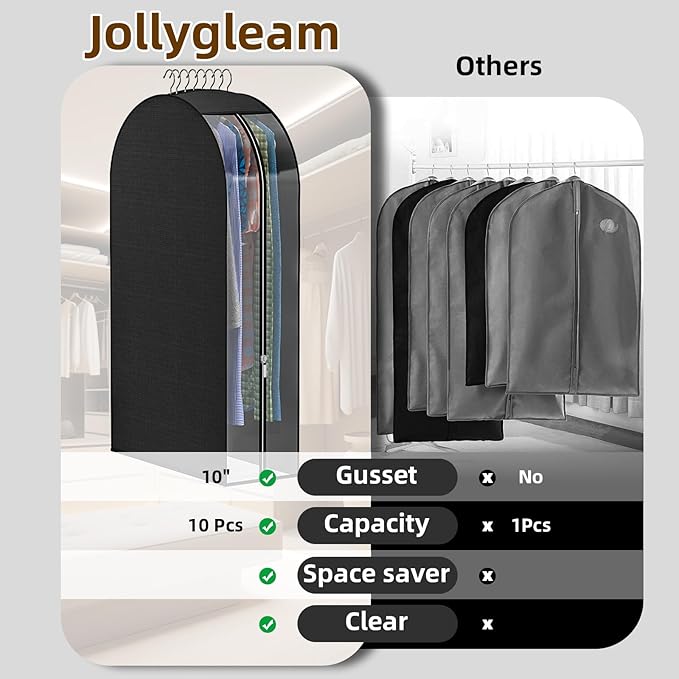 Black Garment Bags for Hanging Clothes 4 Packs, 10“ Gusseted and 32" Clothes Protectors for Hanging Clothes for Closet, Shirts, Coats, Dresses