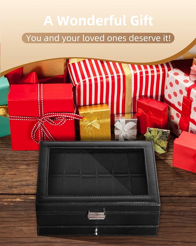 Uten 12-Slot Watch Box, 2-Layers PU Leather Watch Case with Glass Lid, Watch Holder Organizer with Soft Pillow and Velvet Lining, Watch and Jewelry Storage Box, Black