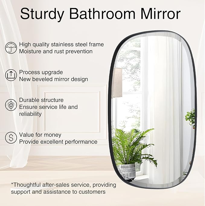 POZINO Oval Beveled Mirror Over Sink, 20"x30" Black Rectangle Mirror for Bathroom, Modern Oblong Vanity Wall Mirrors in Premium Stainless Steel Frame, Wall Mount Hangs Horizontal Or Vertical