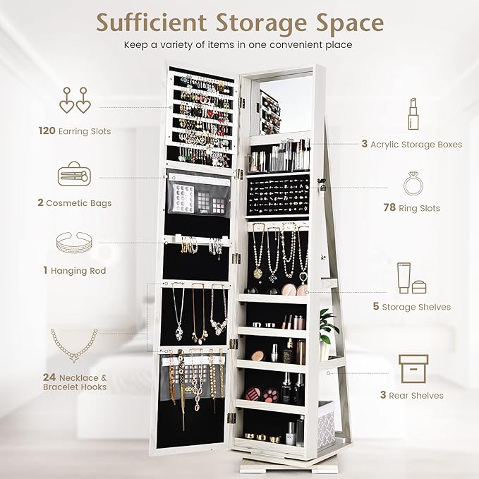 360° Swivel LED Mirror Jewelry Cabinet with Full Length Mirror, Lockable Floor Standing Mirrored Jewelry Armoire Organizer w/Inside Makeup Mirror & Back Storage Shelves (Grayish White)