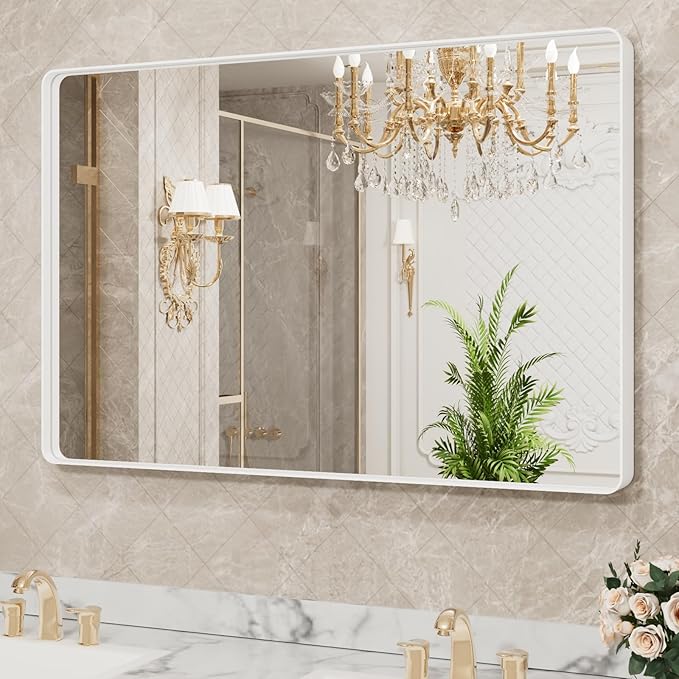 LOAAO 40x30 Inch White Metal Framed Bathroom Mirror for Wall, White Bathroom Vanity Mirror Farmhouse, Large Rounded Rectangle Mirror, Anti-Rust, Tempered Glass, Hangs Horizontally or Vertically