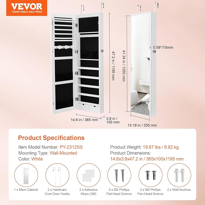 VEVOR Mirror Jewelry Cabinet, 47.2-Inch Tall Lockable Jewelry Armoire with Full-Length Mirror, Wall/Door Mounted Organizer with LED Lights and Velvet Lining, White
