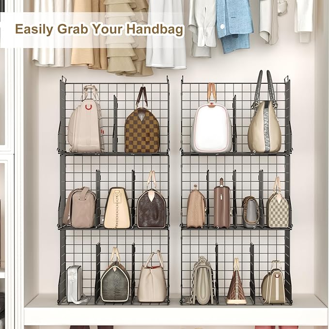 Sonyabecca Purse Storage Organizer for Closet : Adjustable 3-Pack Dividers Handbag Organizer - Stackable Wire Handbags Storage Baskets -Open Cabinets Wallets Tote Chain Bags Clutches