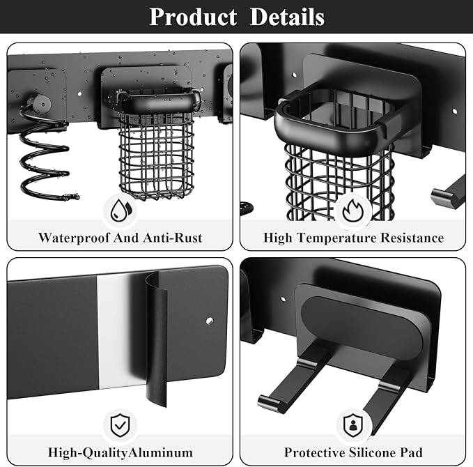 Tindbea Upgraded Aluminum Alloy Hair Dryer Holder Wall Mounted with Built-in Cord Wrap,3-in-1 Hair Tool Organizer for Blow Dryer, Curling Iron, and Straightener, Matte Black