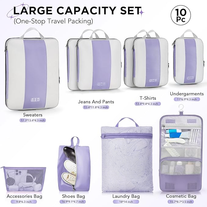 10 Set Compression Packing Cubes for Travel Essentials,Compressible Expandable Packing Cubes for Suitcase,OlarHike Luggage Organizer Bags for Travel,Handy Helper for Organizing Clothes(Purple Gray)