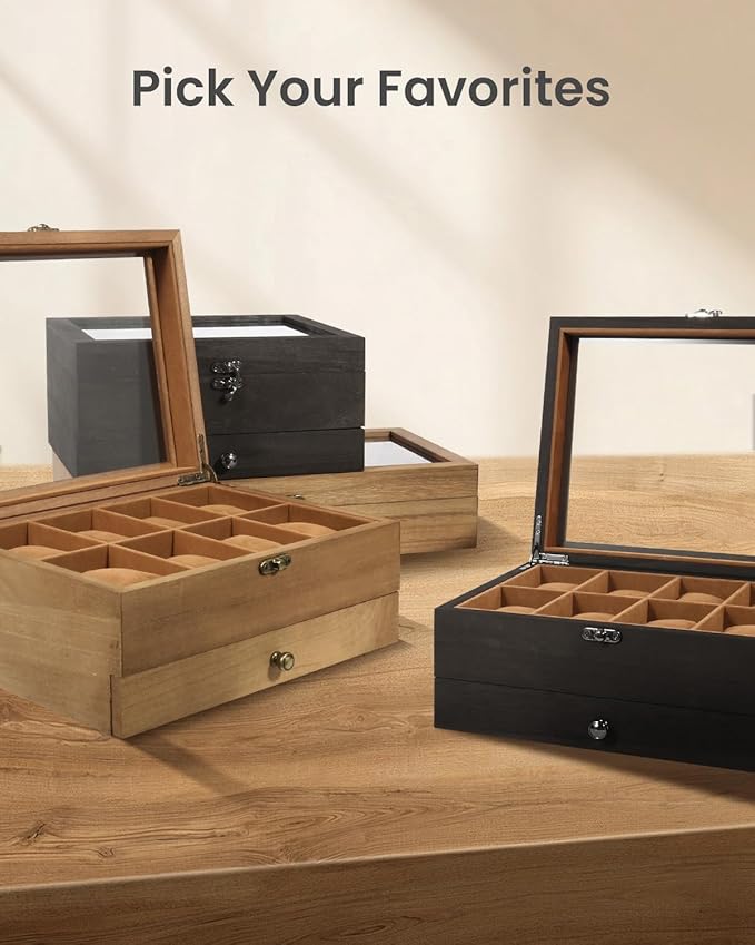 Uten 8-Slot Watch Box, 2-Layers Solid Wood Watch Display Case with Glass Lid, Watch Holder Organizer with Soft Pillow and Velvet Lining, Watch and Jewelry Storage Box