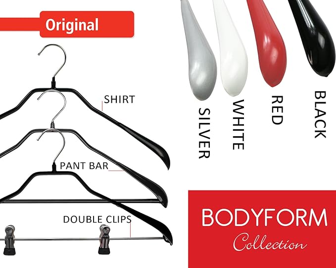 Mawa by Reston Lloyd BodyForm Series Non-Slip Space-Saving Clothes Hanger with Bar for Pants, 16-1/2", Style 42/LS, 1-Each, Black