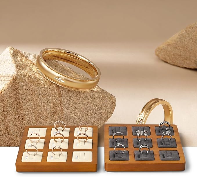 Oirlv Solid Wood Ring Display Stand Showcase Ring Display Organizer Tray 9 Bits Jewelry Holder(Creamy-white)