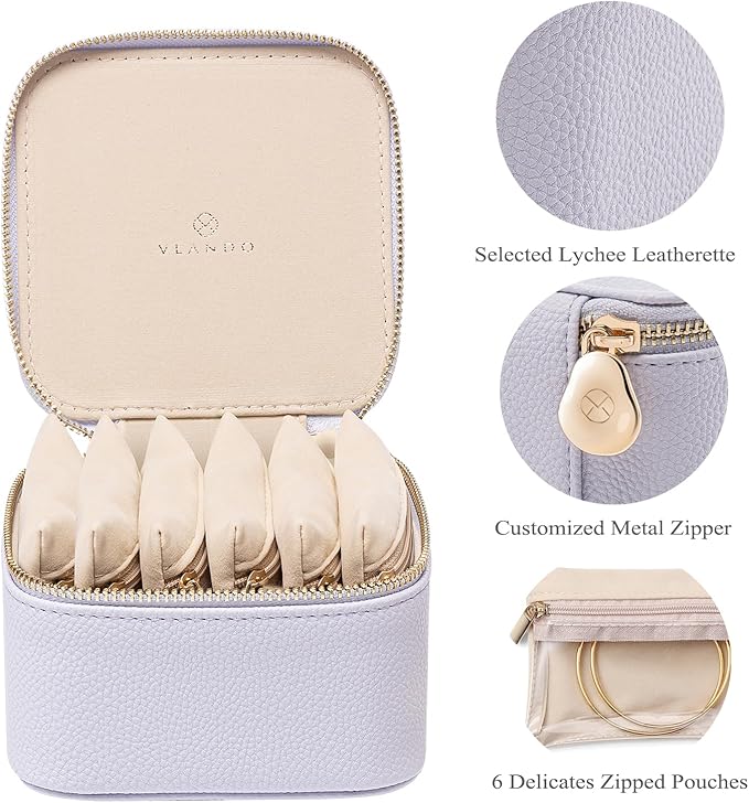 Vlando Travel Jewelry Box Organizer - 6 Small Velvet Zipped Pouches Pockets for Jewelries Necklaces Rings Earrings Sorting Storage, Lilac Purple
