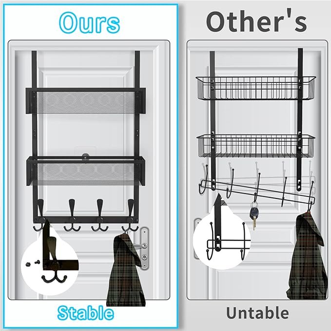 Over The Door Hooks Organizer,Coat Rack with 12 Hooks and 2 Mesh Baskets,Back of Door Storage Organizer for Bathroom,Bedroom,Kitchen,Office(Black)