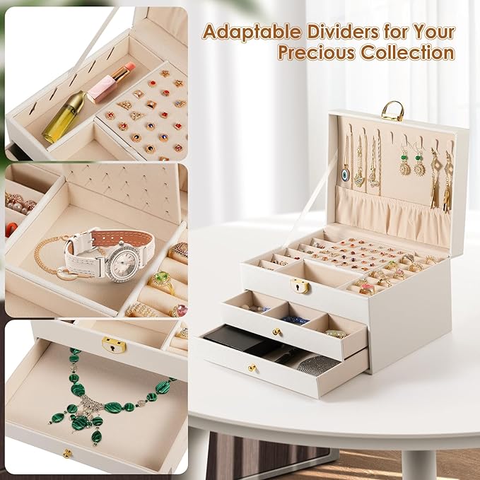 3 Layer Jewelry Box, Lockable Jewelry Holder Organizer with Jewelry Drawer, Large Jewelry Boxes & Organizer with Velvet Earring Storage, Unique Gifts for Women Mom