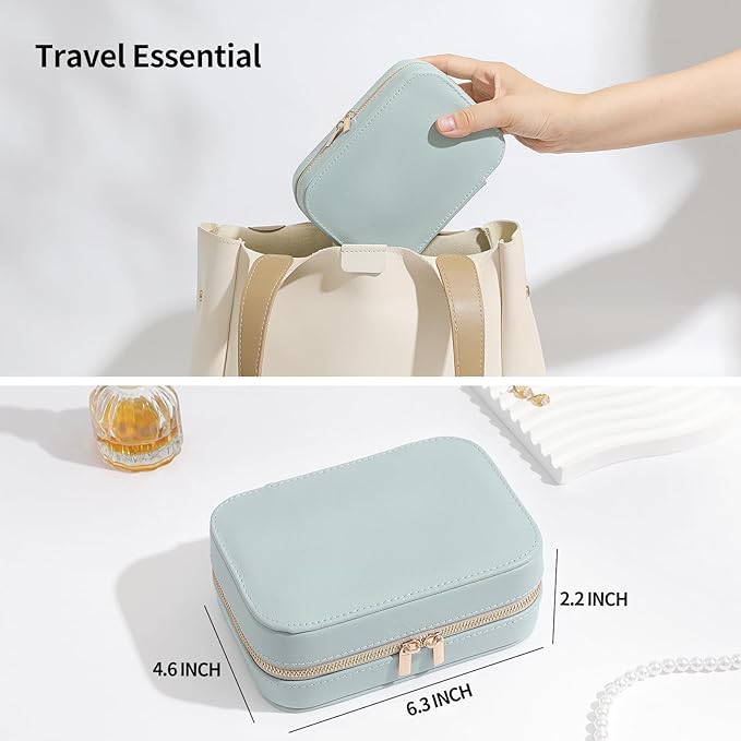 Genuine Leather Travel Jewelry Organizer Case with Mirror for Women, Small Mini Portable Jewelry Box for Ring Earrings Necklace Bracelet Luxury Gift for Women（Ivory White）