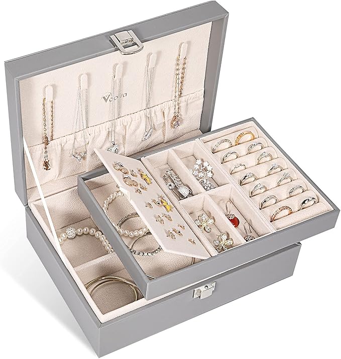 Voova Jewelry Box Organizer for Women Girls,2 Layer Large Men Jewelry Storage Case, PU Leather Display Jewellery Holder with Removable Tray for Necklace Earrings Rings, Grey