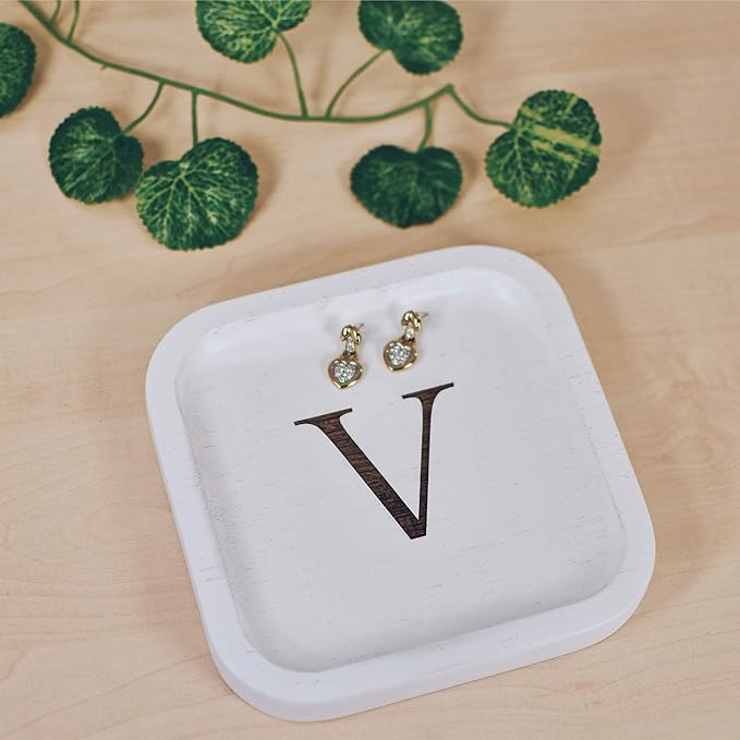 I'm Wooden Personalized Letter Catchall Valet Tray Trinket Dish Jewelry Tray Key Bowl Decorative Plate Organizing Ring Earrings Necklaces Bracelet Watch Coins Wallet Holder (6"x6" Sq White V)