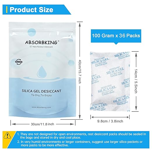 Moisture Absorbers – 100 Gram 36 Packs Silica Gel Packets, Desiccant Packs for Storage, Food Safe Desiccant for Foods, 3D Filaments, Electronics, Tools, Safes