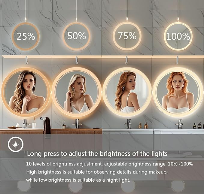 24 Inch Wall-Mounted Round Bathroom Mirror with LED-Lights - Vanity Mirrors (24" x 24",Frameless)