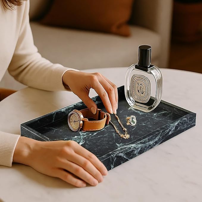 Koville Natural Marble Tray, 12x8“ Coffee Table Vanity/Decorative Tray for Jewerly, Watch, Perfume Candle Storage for Bedroom/Bathroom/Kitchen Countertop(Indian Green Marble)