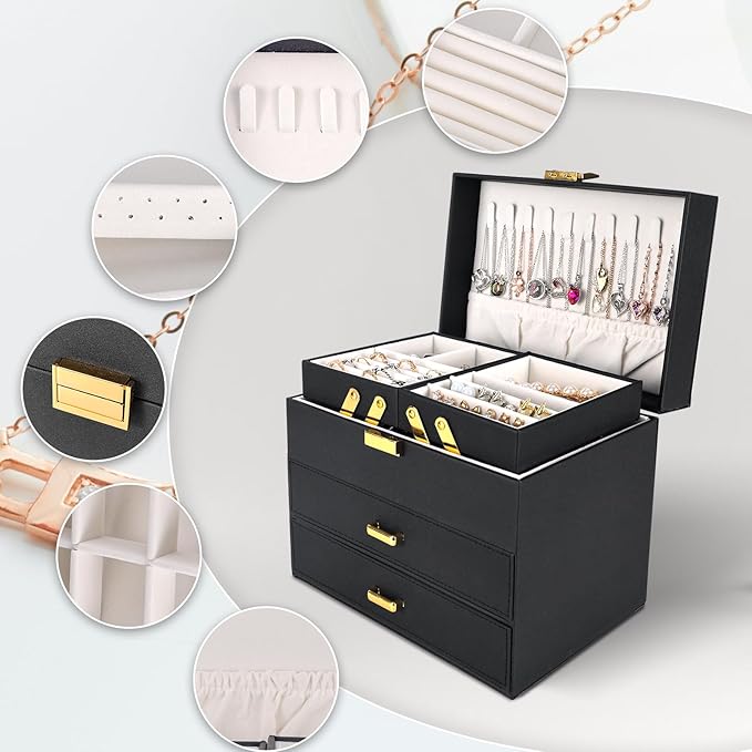 Dajasan Jewelry Boxes for Women Girls, Jewelry Holder Organizer Box, 4 Layers Large Jewelry Storage Organizer for Earring, Ring, Necklace, Bracelets (Black)