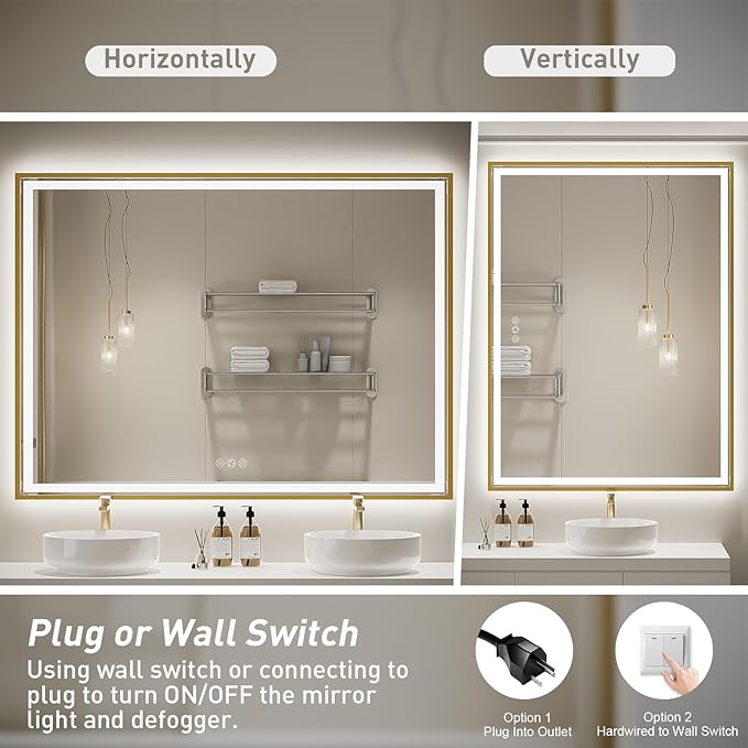 48X36 Inch Led Mirror for Bathroom with Front Light and Backlit,Gold Metal Frame Vanity Lighted Mirror for Wall,Double Lights Strips,Anti Fog Stepless 3 Colors Temperature & Dimmable