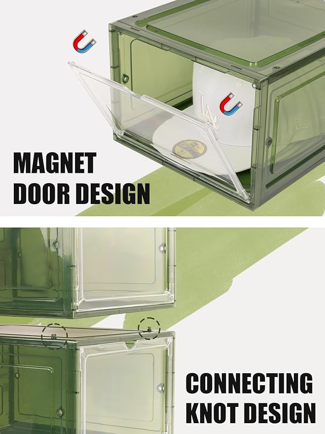 6 Pack Hat Organizer Box, Stackable Clear Baseball Caps Holder Box Containers with Magnetic Door for Hats Snapback Cap Storag, Hat Rack Display Case, Holds 8 Hats Each (Green)