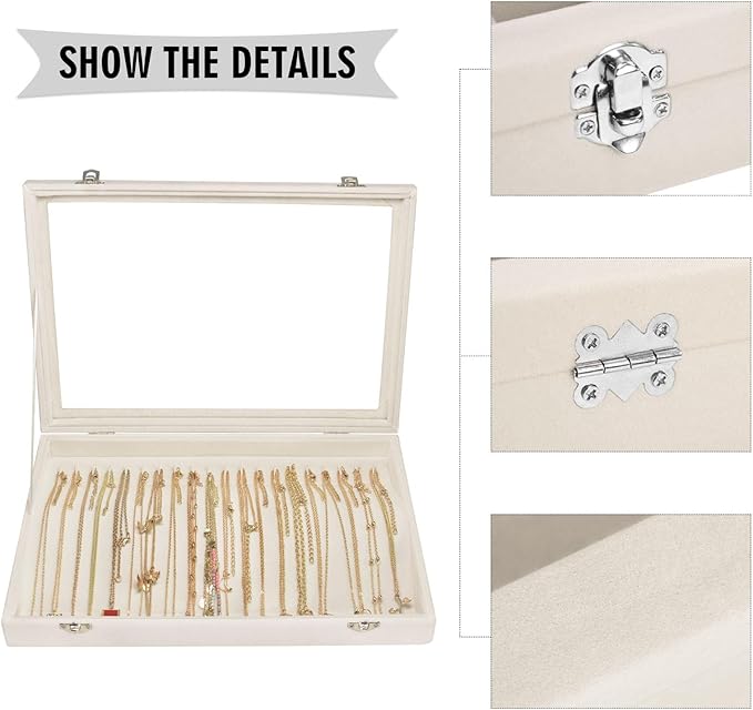 Necklace Organizer Box Premium 20 Hooks Velvet Necklace Display Jewelry Tray with Transparent Lid Jewelry Necklace Display Box for Necklace Pendants Suitable for Women and Girls (Beige)