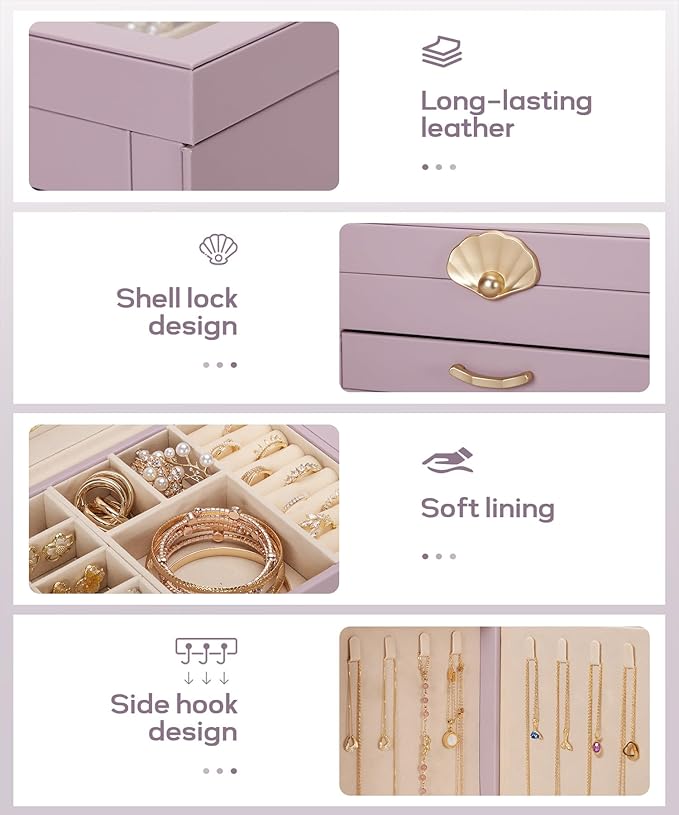 Jewelry Box with 3 Drawers: Display Organizer for Earrings Necklaces - Gifts for Girls Women (Grey Purple)