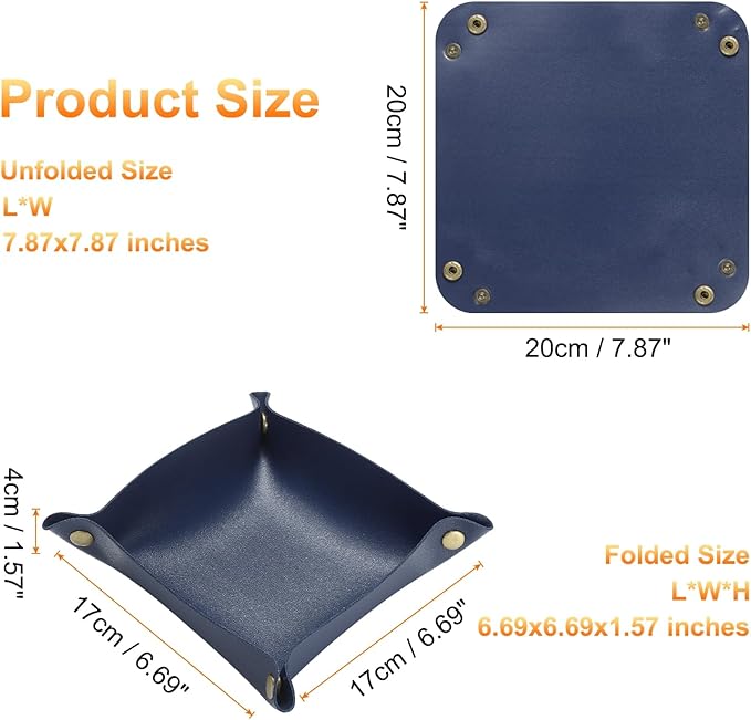 HARFINGTON 4pcs PU Leather Valet Tray Unisex Folding Small Catchall Tray Portable Entryway Table Tray Nightstand Bedside Desk Tray for Key Wallet Watch Coin Jewelry Dice, Dark Blue