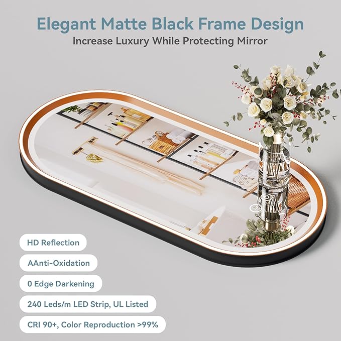 Led Bathroom Mirror with Lights, 20'' x 43'' Oval Heavy Duty Aluminum Frame Bathroom Vanity Mirror with Lights, 3 Colors, Brightness Stepless Dimmable, Anti-Fog, Memory Function, Double LED Orange