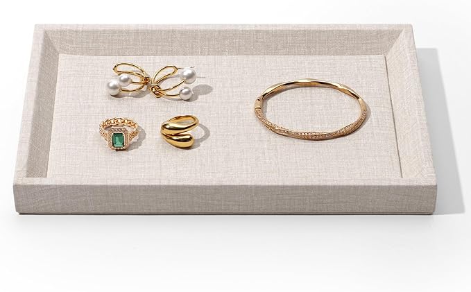 Leather Jewelry Tray Stackable Jewelry Drawer Organizer Display Tray With Linen Texture For Necklace Bracelet Watch Pendant Display Showcase(Small)