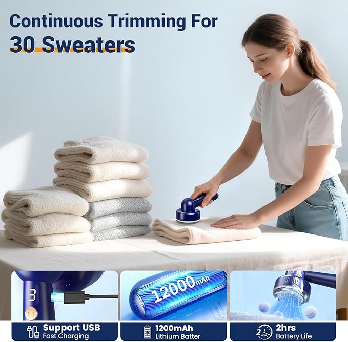 DBC Rechargeable Fabric Shaver and Lint Remover,2.7' Sweater Shaver with 3-Speeds and 6-Leaf Blades, 2hours runtime, 2 Replaceable Blades, Battery Operated,Remove Pilling, Furniture,Fuzz,Lint Ball
