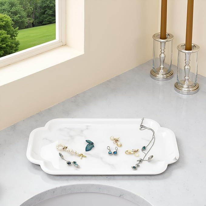 Marmor 100% Natural Marble Bathroom Tray for Perfume, Candles, Jewelry Stone Vanity, Bathroom & Kitchen Counter Organizer and Home Decor (Calacatta White)