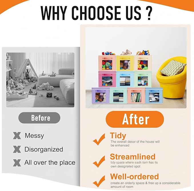 10 Pcs Fabric Storage Cube with Lid 11x11 Inch Fabric Storage Bins with Window Handle Collapsible Cube Organizer Basket for Shelves Closet Bedroom Office Clothes Book Stuffs (Pastel)