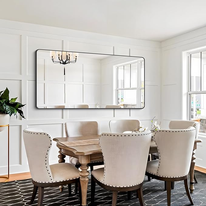 FORBATH Bathroom Mirror 30" X 60"，Large Rectangular Wall Mirror, Black Metal Framed Rounded Corner Wall Mounted Mirror for Bathroom Bedroom Entryway Decor(Horizontal/Vertical)