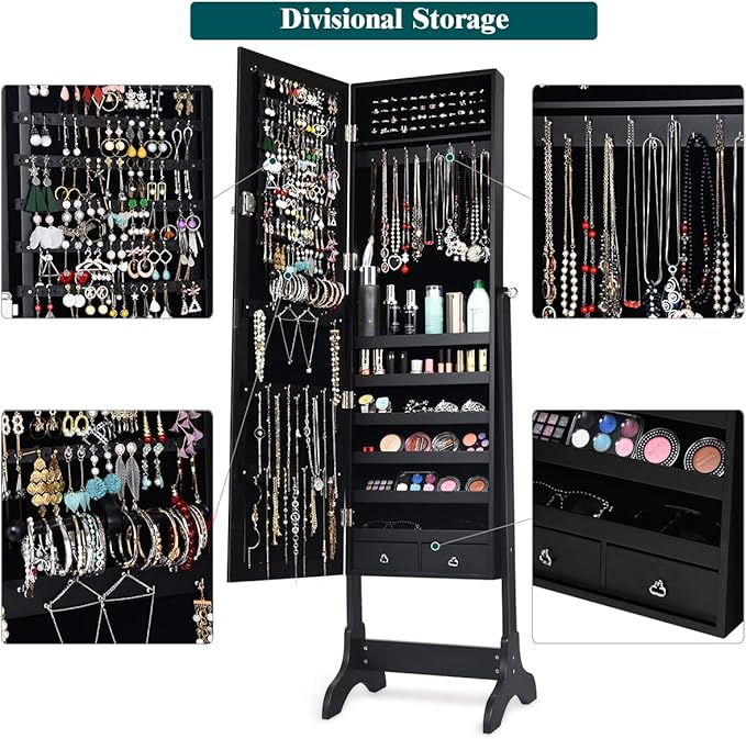 Giantex Lockable Standing Jewelry Armoire with Full Length Mirror, Large Storage Capacity Jewelry Cabinet Organizer with 2 Drawers, 4 Angle Adjustable, Extra Wide Mirror for Women Girls (Black)